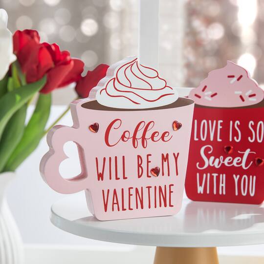 Glitzhome® Wooden Valentine's Coffee Cup Table Décor Set